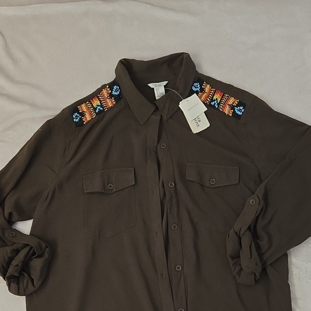 Green Shirt with Colorful Embroidered Shoulders SKU21